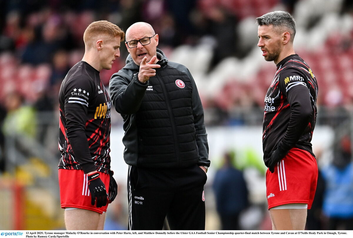 yrone manager Malachy O'Rourke in conversation with Peter Harte, left, and Mattie Donnelly before Pic: Ramsey Cardy/Sportsfile