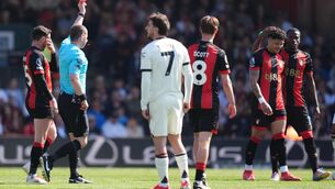 <p>Bournemouth striker Evanilson, second from right, was sent off against Manchester United on Sunday (Adam Davy/PA)</p>