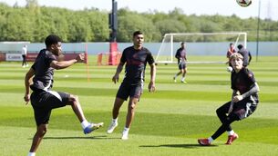 <p>Amad Diallo (left) trains with Manchester United team-mates Casemiro and Alejandro Garnacho after returning from injury (Nick Potts/PA)</p>