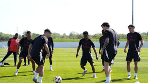 Amad Diallo (centre) trains with Manchester United on Wednesday (Nick Potts/PA).
