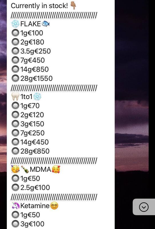 Drugs menus are also shared on WhatsApp groups, with prices ranging from €20 to €850, depending on the type of drugs or quantity.