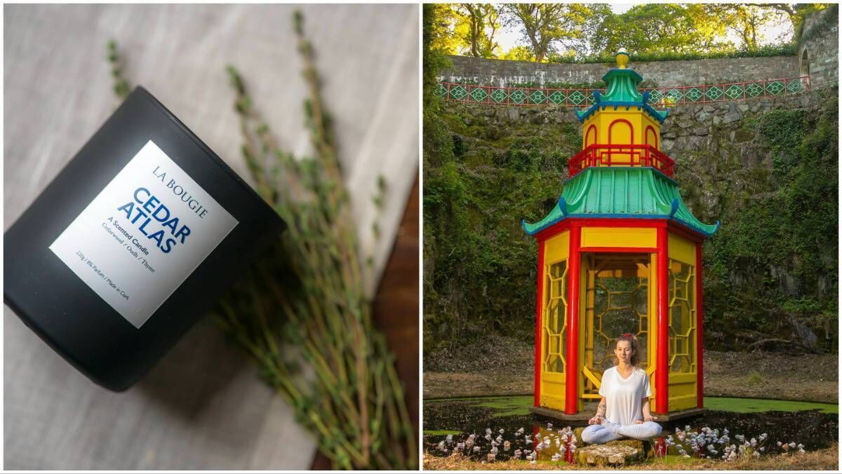 Left, La Bougie's Cedar Atlas candle; right, Caitlin Godfrey practising yoga at Mount Congreve Gardens, Co Waterford, which hosts Restival this May bank holiday weekend. 