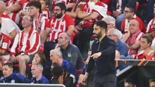 <p>Manchester United’s head coach Ruben Amorim reacts during the Europa League semi-final against Athletic Bilbao (Miguel Oses/AP)</p>