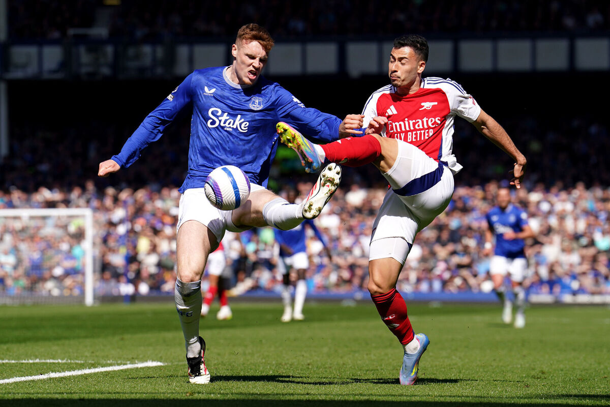 Everton's Jake O'Brien and Arsenal's Gabriel Martinelli battle for the ball. Pic: Martin Rickett/PA Wire.