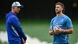 <p>LAST FOUR: Head coach Leo Cullen with Caelan Doris during a Leinster Rugby captain's run at the Aviva Stadium on Friday. Pic: David Fitzgerald/Sportsfile</p>