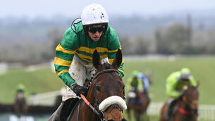 <p>Canal End and Mark Walsh win the Irish Stallion Farms EBF Novice Handicap Steeplechase Final (Listed). Pic: Healy Racing</p>
