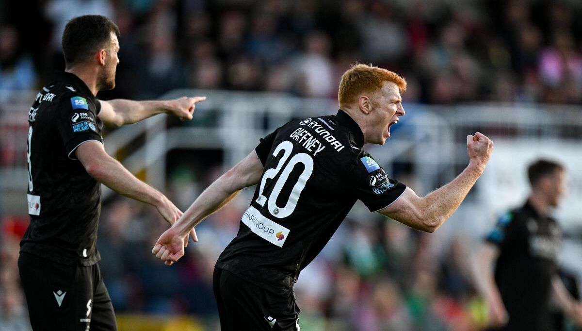 Rory Gaffney of Shamrock Rovers celebrates after scoring his side's first goal during the SSE Airtricity Men's Premier Division match between Cork City and Shamrock Rovers. Pic: Brendan Moran/Sportsfile