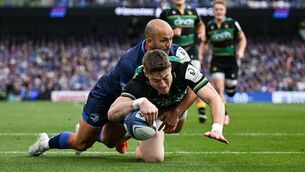 <p>SAINTS GO MARCHING IN: Tommy Freeman of Northampton Saints dives over to score his side's first try. Pic: David Fitzgerald/Sportsfile.</p>