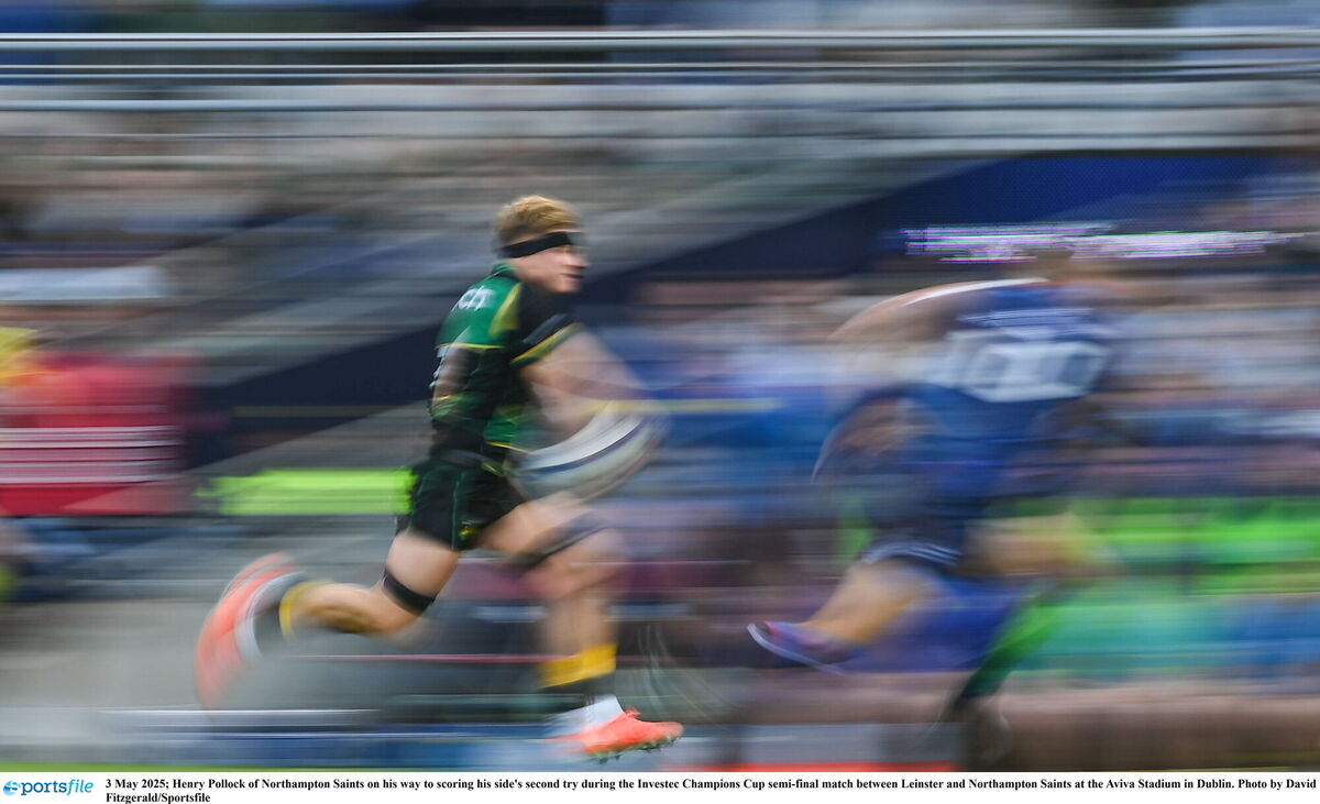 Henry Pollock of Northampton Saints on his way to scoring his side's second try during the Investec Champions Cup semi-final match between Leinster and Northampton Saints at the Aviva Stadium in Dublin. Photo by David Fitzgerald/Sportsfile Henry Pollock of Northampton Saints on his way to scoring his side's second try during the Investec Champions Cup semi-final match between Leinster and Northampton Saints at the Aviva Stadium in Dublin. Photo by David Fitzgerald/Sportsfile