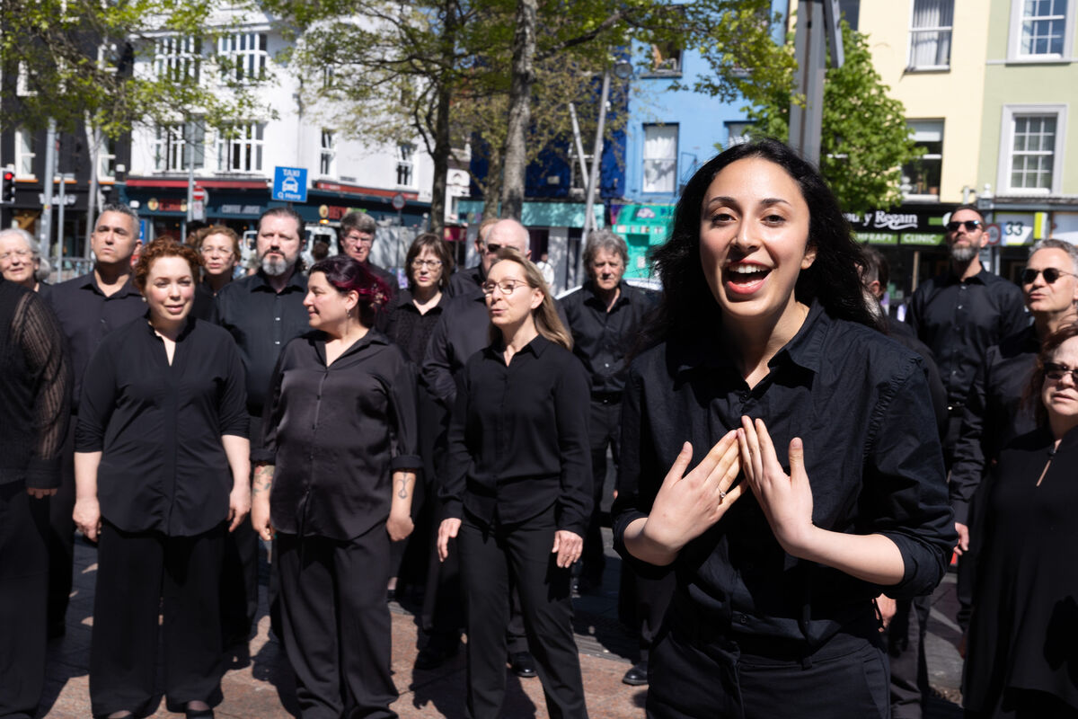 The Mount Royal Kantorei from Alberta Canada performing outside Cork City Library as part of the 70th Cork International Choral Festival. Picture: Darragh Kane