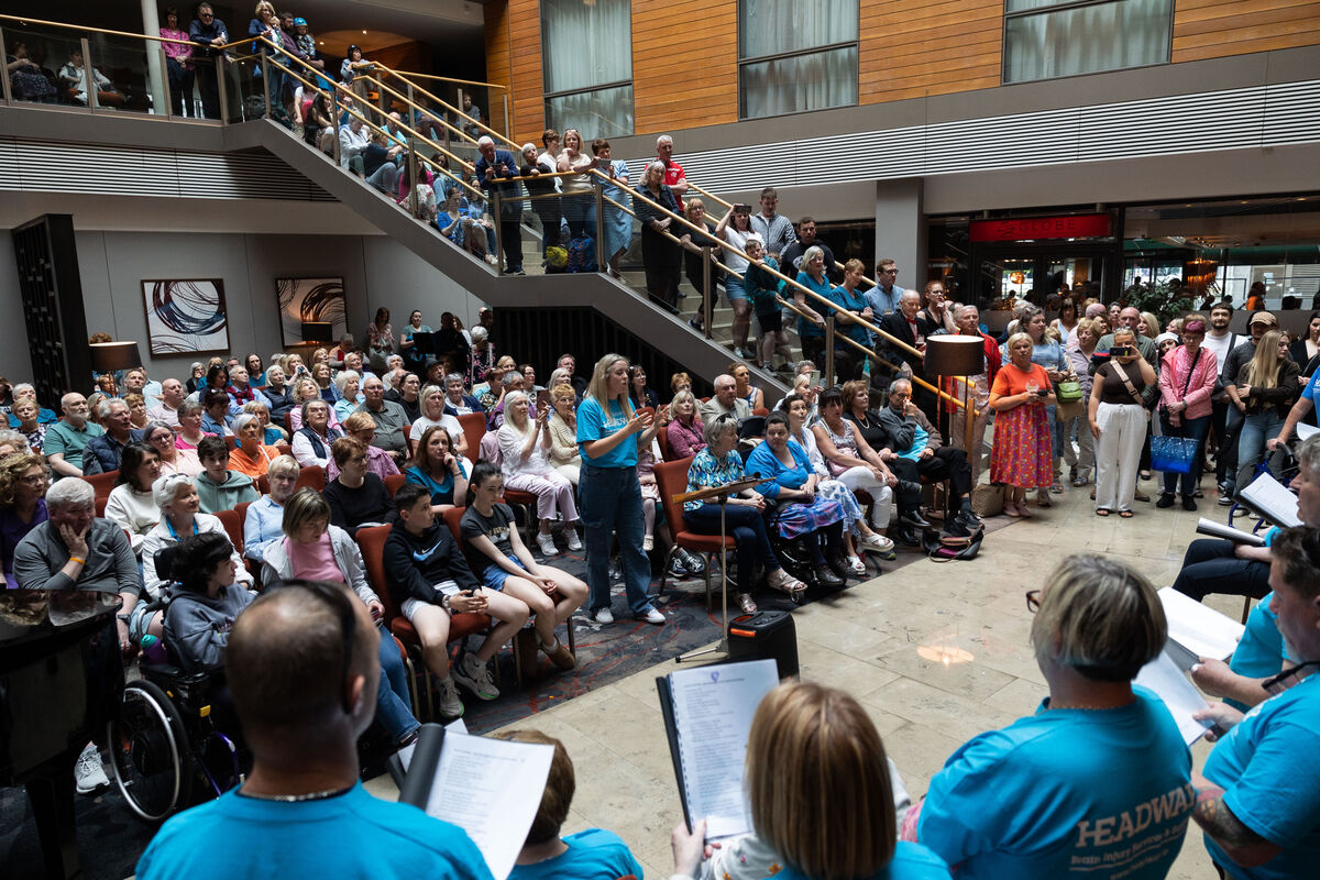 The Cork Headway Brain Injury Services and Support Choir conducted by Esther Anna Bennett performing in the Clayton Hotel. The Cork Headway Brain Injury Services and Support Choir conducted by Esther Anna Bennett performing in the Clayton Hotel.