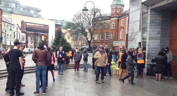 Apple workers on the street due to at security alert at Lavitt's Quay in Cork. Pic Des Barry