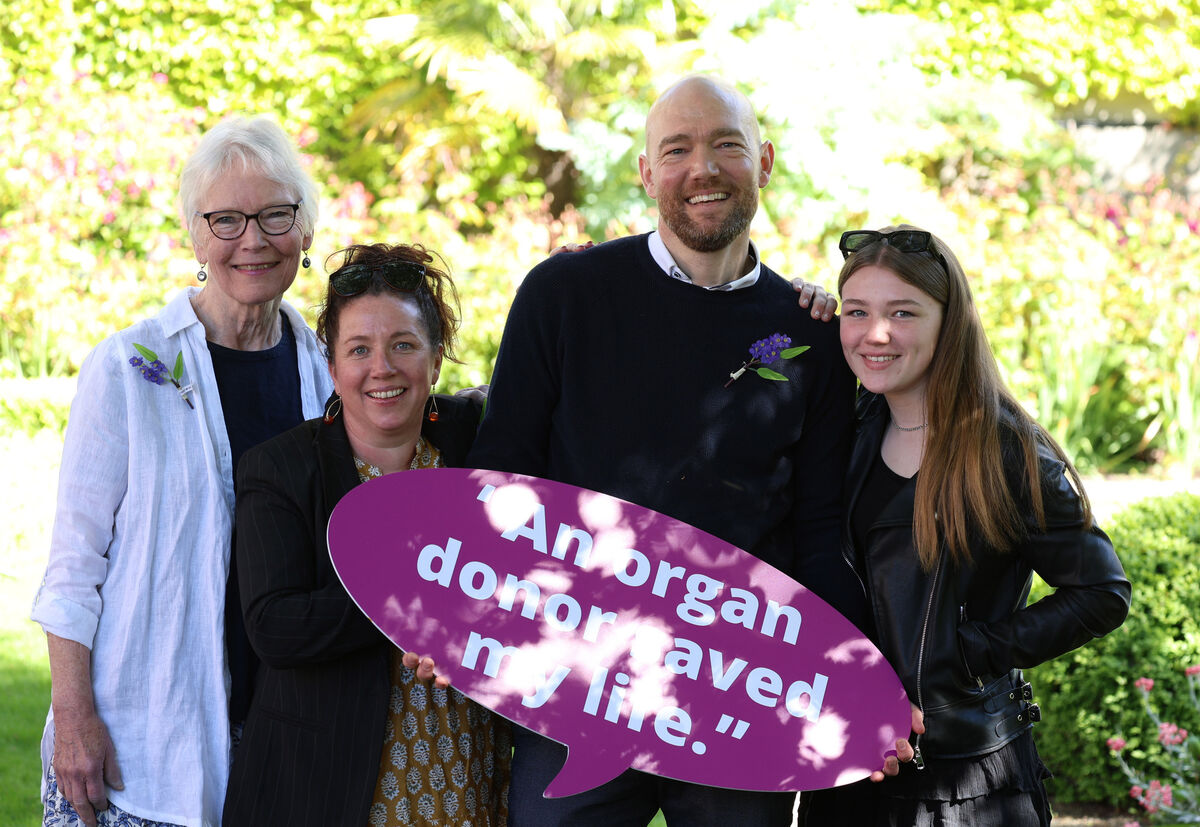 Heart transplant recipient Nick Hines from Clonaslee, Co Laois, with his mother Annie, wife Tracey, and daughter Molly at Organ Donor Awareness Week 2025.