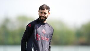 <p>Bruno Fernandes trains ahead of Manchester United’s meeting with Athletic Bilbao (Martin Rickett/PA).</p>
