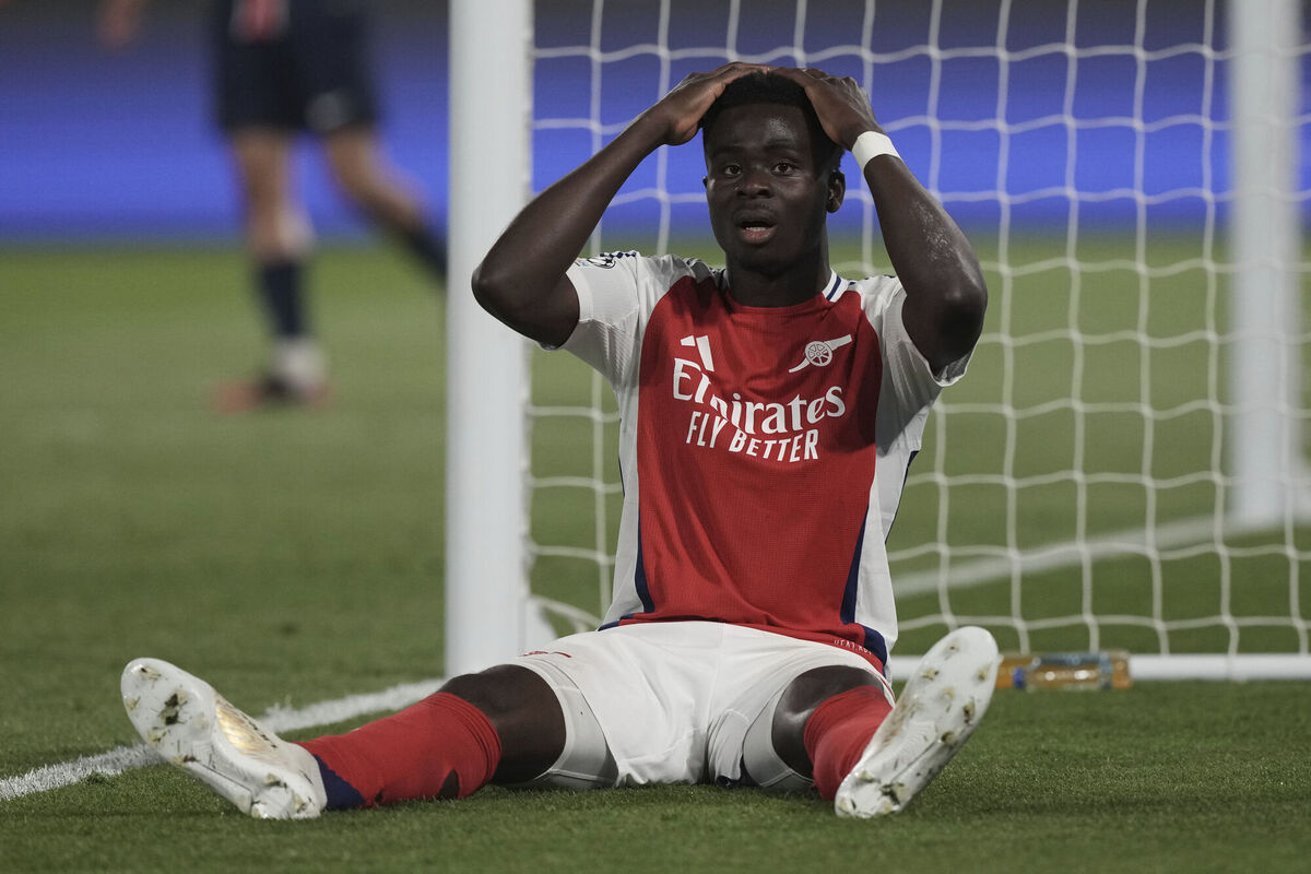 Arsenal's Bukayo Saka reacts during the Champions League semi-final. Pic: AP Photo/Aurelien Morissard