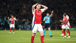 <p>Arsenal's Declan Rice rues a missed chance. Pic: Adam Davy/PA Wire.</p>