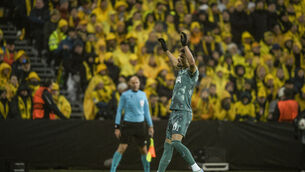 <p>Tottenham's Dominic Solanke celebrates after scoring against Bodø/Glimt at Aspmyra Stadium, Bodo. Pic: Stian Lysberg Solum/NTB via AP</p>