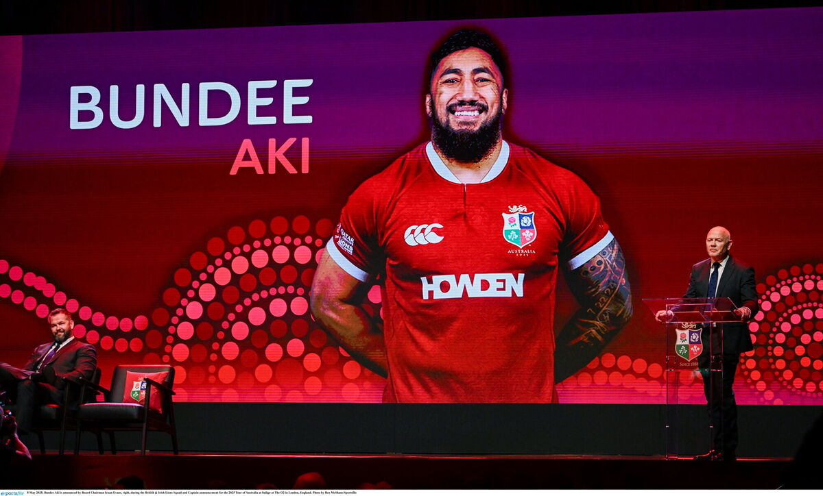 Bundee Aki is announced by Board Chairman Ieuan Evans, right, during the British &amp; Irish Lions Squad and Captain announcement. Pic: Ben McShane/Sportsfile.