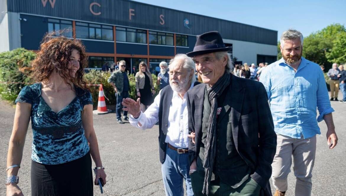 Edain O' Donnell with, from left, film producer David Puttnam, actor Jeremy Irons, and TD Christopher O' Sullivan at West Cork Film Studios open day. File Picture: Johannes Eisele.