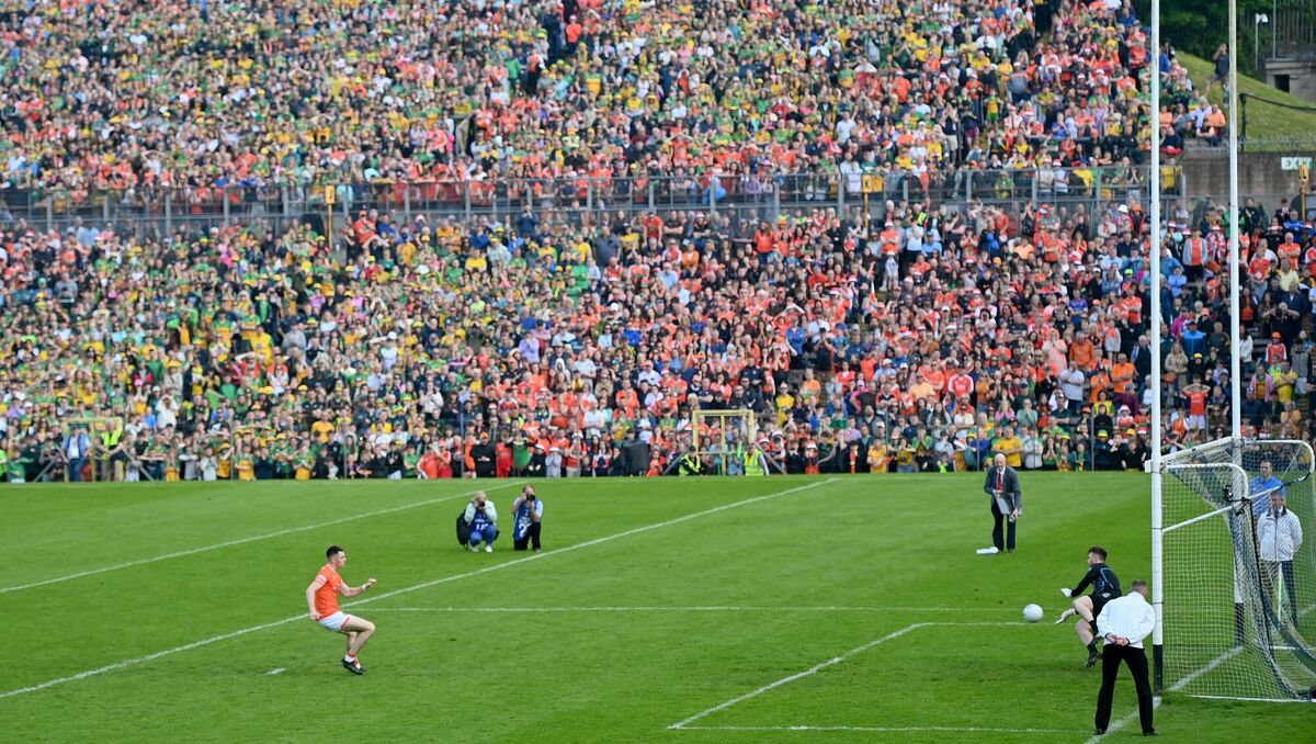 Donegal goalkeeper Shaun Patton saves a penalty by Shane McPartlan of Armagh. Pic: Ramsey Cardy/Sportsfile