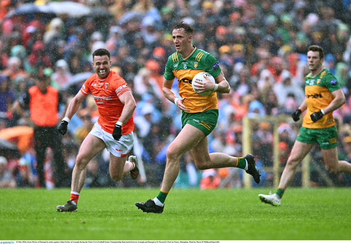 Jason McGee of Donegal in action against Aidan Forker of Armagh. Pic: Piaras Ó Mídheach/Sportsfile