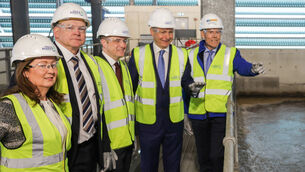 <p>Housing minister James Browne and Taoiseach Micheál Martin, centre, with Uisce Éireann's  infrastructure delivery director Maria O’Dwyer, CEO Niall Gleeson, and chairman Jerry Grant at the new Arklow wastewater treatment plant. Picture: Naoise Culhane</p>