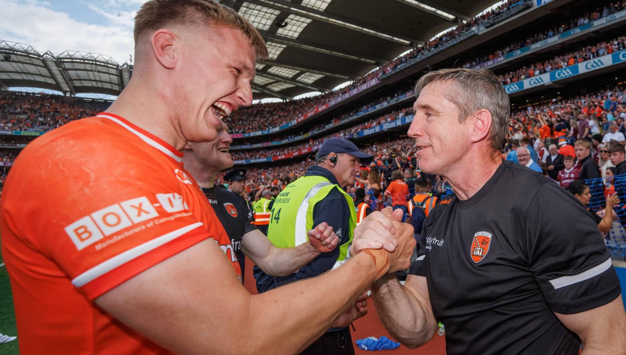 ARM IN ARM AGAIN: Manager Kieran McGeeney looks ready to welcome Rian O'Neill back. Pic: INPHO/James Crombie
