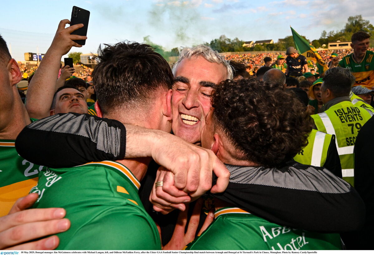 WHAT A FEELING: Donegal manager Jim McGuinness celebrates with Michael Langan, left, and Odhran McFadden Ferry, after the Ulster GAA Football Senior Championship final match between Armagh and Donegal at St Tiernach's Park in Clones, Monaghan. Photo by Ramsey Cardy/Sportsfile