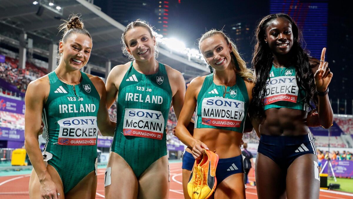 The Ireland women's 4x400m relay team, from left, Sophie Becker, Rachel McCann, Sharlene Mawdsley and Rhasidat Adeleke. Pic: Nikola Krstic/Sportsfile