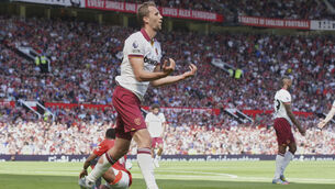 <p>HAMMER BLOW: West Ham's Tomas Soucek, centre, celebrates after scoring his side's opening goal at Old Trafford. Pic: AP Photo/Ian Hodgson</p>