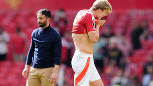<p>Manchester United's Rasmus Hojlund and manager Ruben Amorim react after the Premier League defeat at Old Trafford. Pic: Martin Rickett/PA Wire.</p>