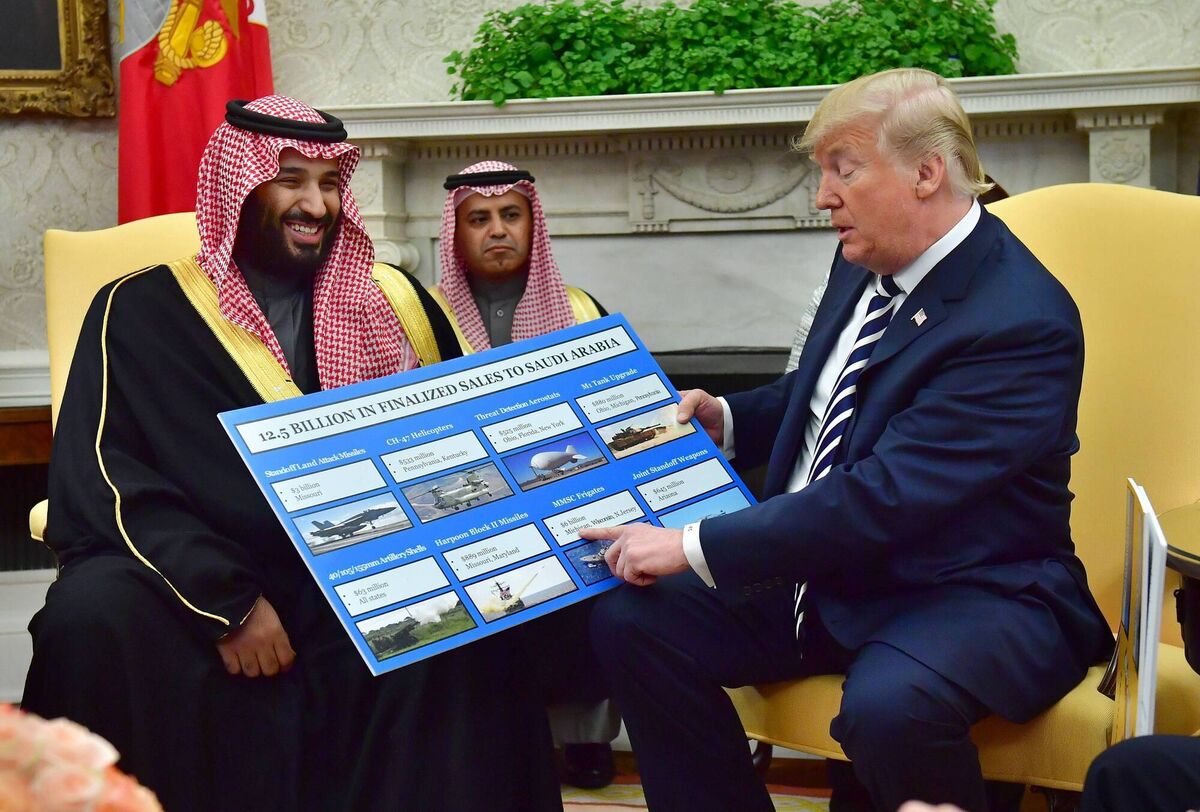 Donald Trump with a chart of military hardware sales as he meets Crown Prince Mohammed bin Salman of Saudi Arabia at the White House on March 20, 2018.Picture: Kevin Dietsch-Pool/Getty