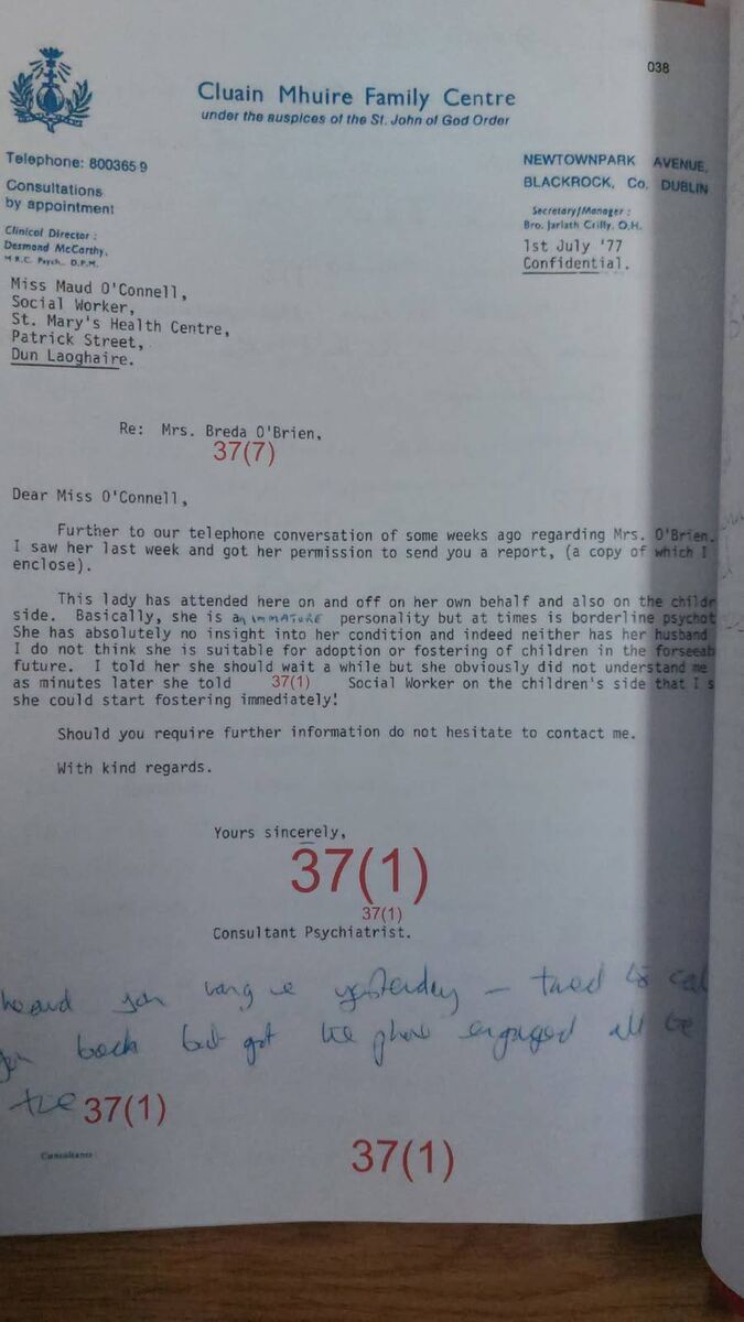 The 1977 psychiatrist's letter discovered recently by Fiona Doyle. The 1977 psychiatrist's letter discovered recently by Fiona Doyle.