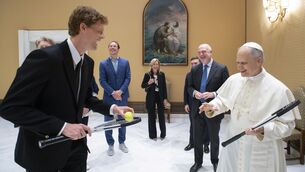 <p>Italy’s Jannik Sinner shares a light moment with Pope Leo XIV at the Vatican (Vatican Media via AP)</p>