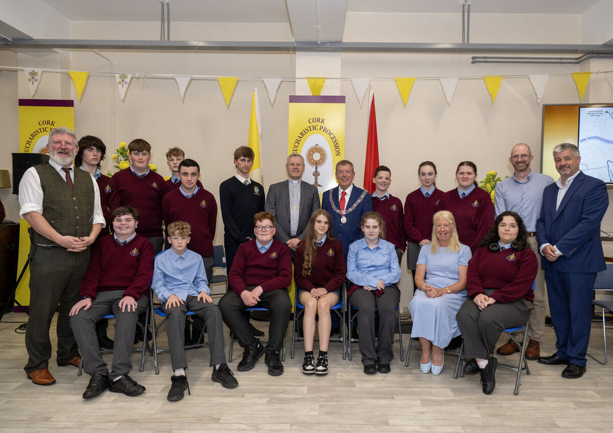 Fintan Gavin, Bishop of Cork and Ross, with Cllr Tony Fitzgerald and members of Mayfield Community School choir. Picture: Brian Lougheed