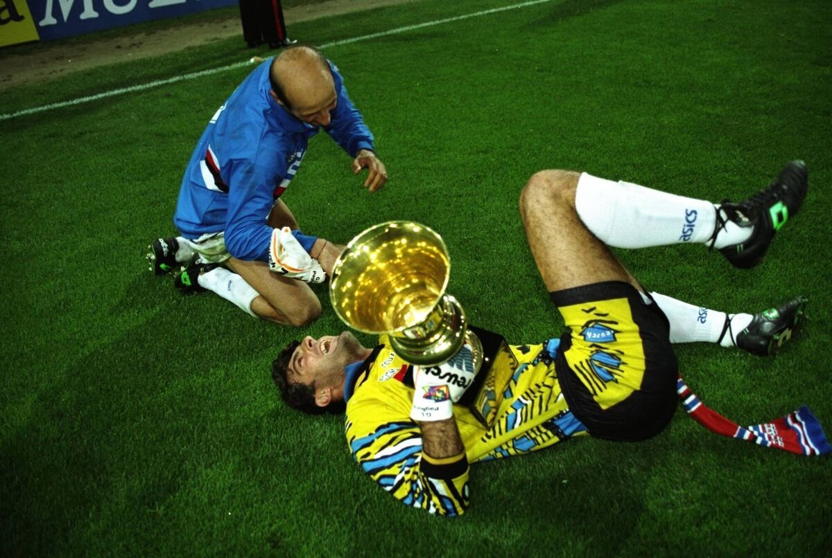 GLORY DAYS: Sampdoria goalkeeper Gianluca Pagliuca and team mate Attilo Lombardo celebrate after the 1994 Copa Italia victory. Pic: Clive Brunskill/Allsport