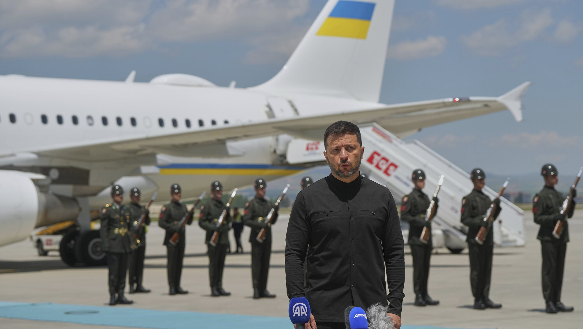 Ukraine’s Zelenskyy arrives for peace talks but Russia’s Putin stays away