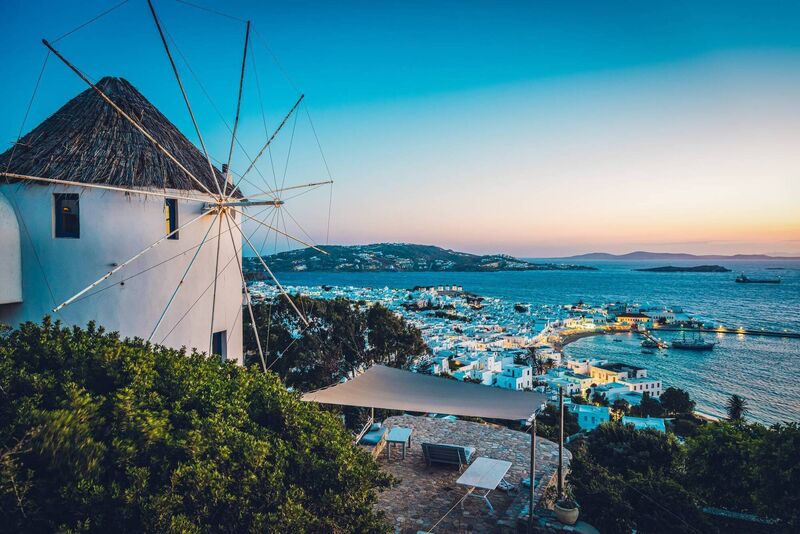 Architecture at Mykonos town (Chora), Mykonos island, Cyclades, Greece at sunset.