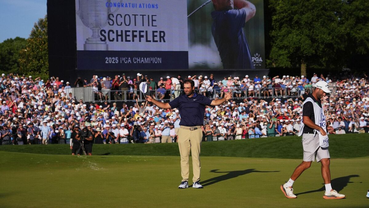 WANAMAKER WONDER: Scottie Scheffler celebrates after winning the PGA Championship golf tournament at the Quail Hollow Club, Sunday, May 18, 2025, in Charlotte, N.C. (AP Photo/Matt York)