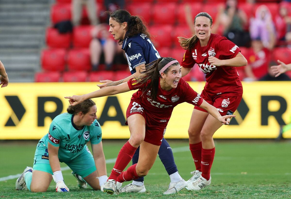Erin Healy of Adelaide United scores the equaliser against Melbourne Victory at Coopers Stadium this month. Pic: Sarah Reed/Getty Images
