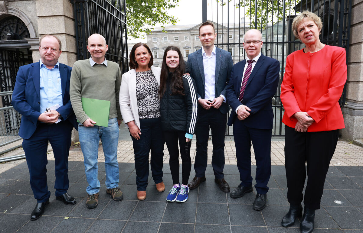 Michael Collins, Paul Murphy, Mary Lou McDonald, Cara Dermody, Cian O'Callaghan, Ivana Bacik, and Peadar Tóibín pictured outside the front of Leinster House. Picture: Leah Farrell/RollingNews.ie