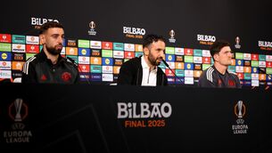 <p>FINAL COUNTDOWN: Manchester United manager Ruben Amorim alongside Bruno Fernandes and Harry Maguire during a press conference at the Estadio de San Mames, Bilbao. Pic: Alex Pantling/UEFA Handout/PA Wire.</p>
