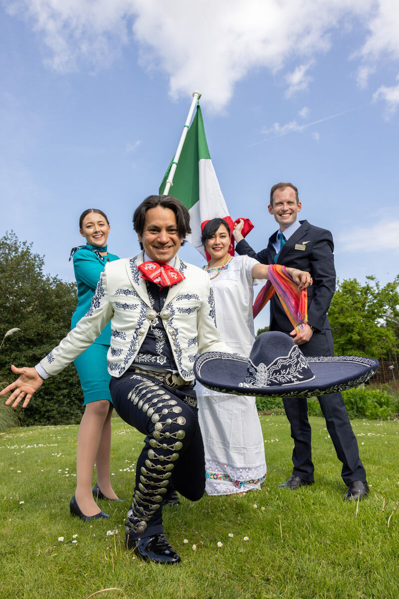 Pictured are performers Johnny Arias and Carmen Reyna alongside Aer Lingus Cabin Crew Alannah Prunty and John Connolly at the launch of the launch of Ireland’s first direct flight from Dublin to Cancun starting in January 2026. Picture: Naoise Culhane.