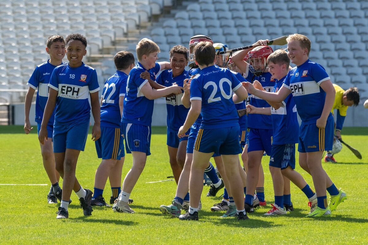 Togher Boys’ National School celebrate after their victory over Morning Star National School in the Urban Hurling 2 final of the Allianz Sciath na Scol competition at SuperValu Páirc Uí Chaoimh.