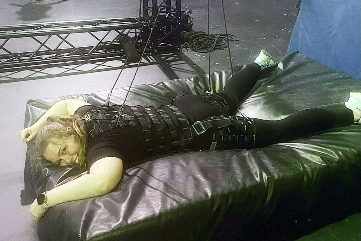 Stunt performer Charlotte Carway getting rigged up in preparation for filming. The Clare native is one of a handful of female stunt performers in Ireland.