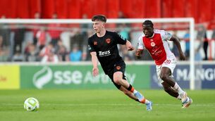 <p>EXCITING: Cork City's Cathal O'Sullivan and Al Amin Kazeem of St Patrick's Athletic in action. Pic: ©INPHO/Bryan Keane</p>
