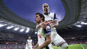 <p>Tottenham's Brennan Johnson celebrates with Richarlison after their side's winning goal in the Europa League final against Manchester United. Pic: AP Photo/Jose Breton</p>