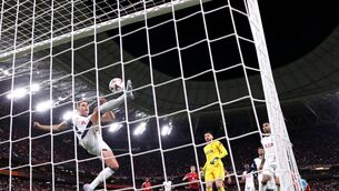 <p>OFF THE LINE: Micky van de Ven of Tottenham Hotspur makes a goal-line clearance after a header from Rasmus Hojlund of Manchester United during the UEFA Europa League Final 2025 between Tottenham Hotspur and Manchester United at Estadio de San Mames on May 21, 2025 in Bilbao, Spain. (Photo by Michael Steele/Getty Images)</p>