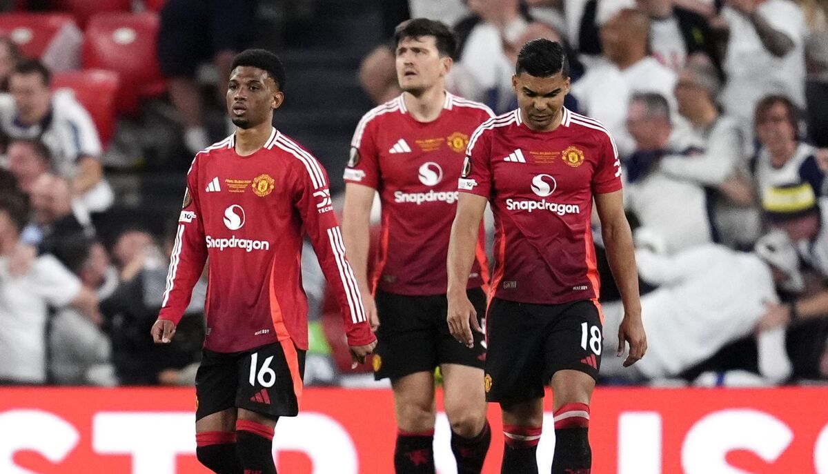 Manchester United's Amad Diallo (left), Harry Maguire and Casemiro (right) look dejected after Tottenham Hotspur score their goal Photo: Nick Potts/PA Wire. Manchester United's Amad Diallo (left), Harry Maguire and Casemiro (right) look dejected after Tottenham Hotspur score their goal Photo: Nick Potts/PA Wire.