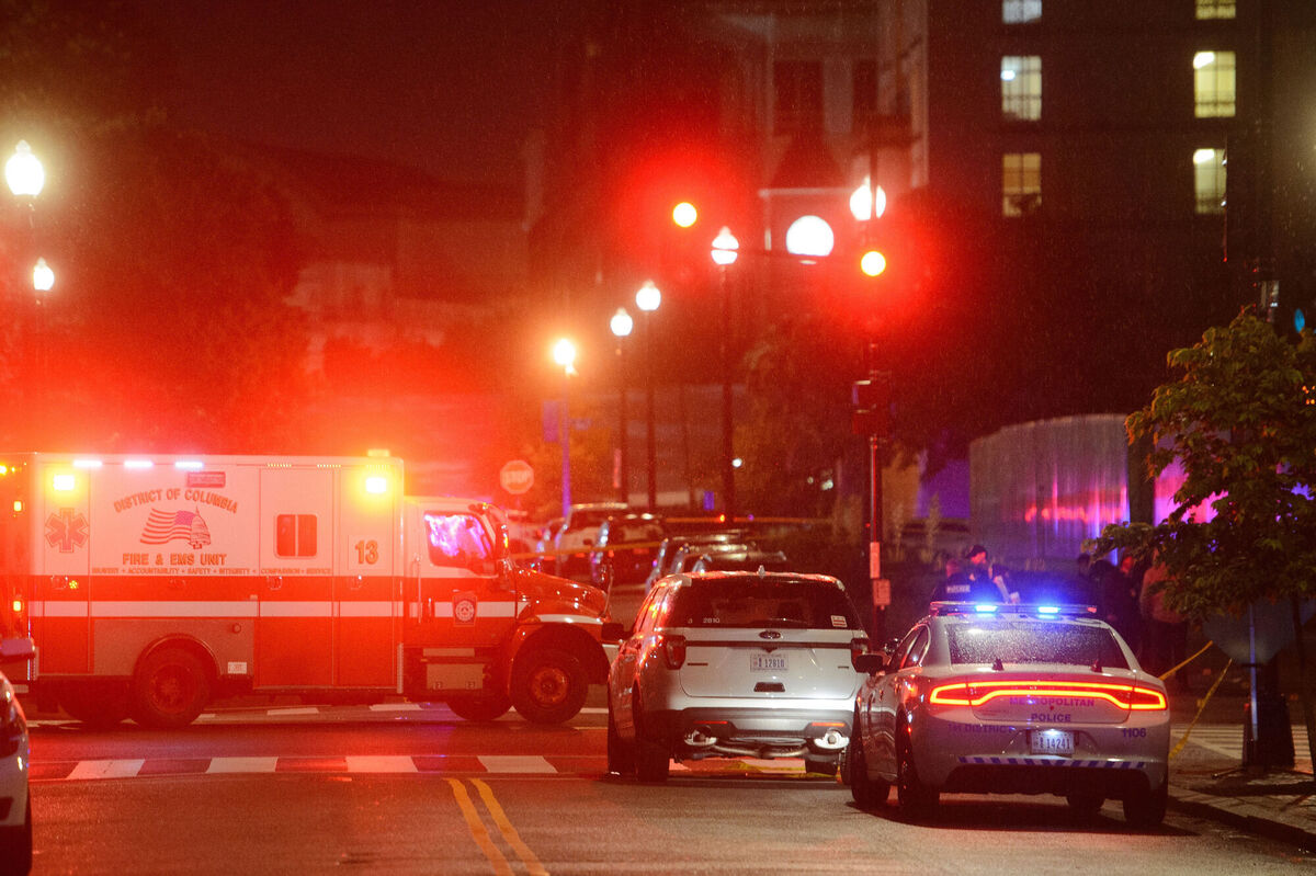 Law enforcement work the scene after two staff members of the Israeli Embassy in Washington were shot and killed outside the Capital Jewish Museum. Picture: AP Photo/Rod Lamkey, Jr Law enforcement work the scene after two staff members of the Israeli Embassy in Washington were shot and killed outside the Capital Jewish Museum. Picture: AP Photo/Rod Lamkey, Jr